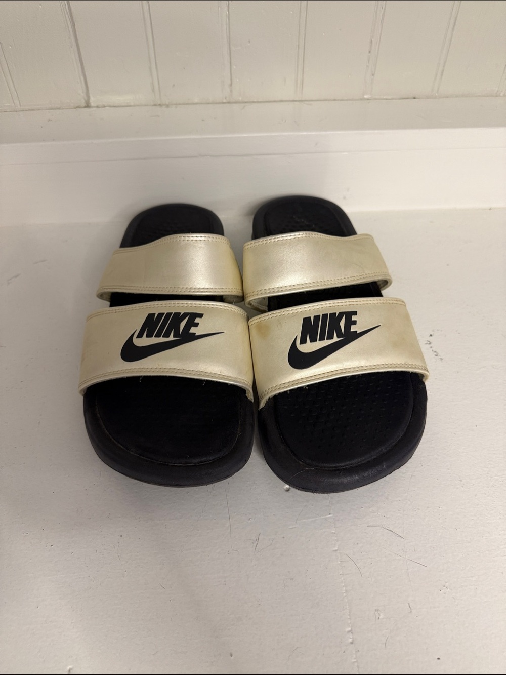 Nike Double-Strap Slide Sandals in Cream and Black